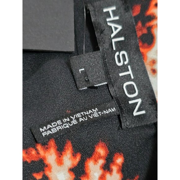 Halston‎ Women's Black Printed Button Up Blouse Roll Tab Sleeve Size L NWT - Picture 7 of 13